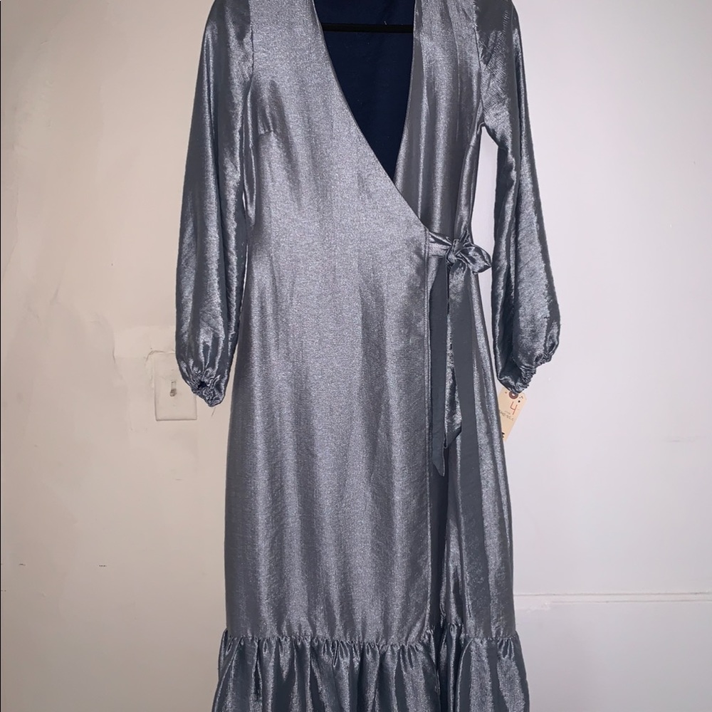 Silver-ish light blue midi wrap dress size 4, ASOS